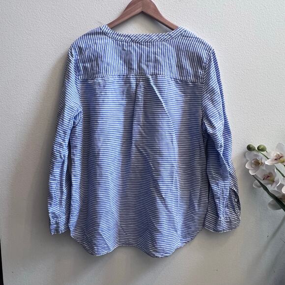 Talbots Linen Band Collar Popover Top Size XL Blue Sweet Stripe Coastal Preppy - Picture 3 of 7